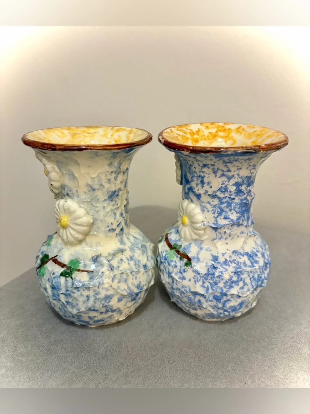 Pair Vintage Italy Hand-Painted Floral Textured Vases Blue White Signed 4.5”
